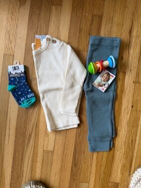 Cream Ribbed Baby Top with Slate Blue Ribbed Pants BUNDLE